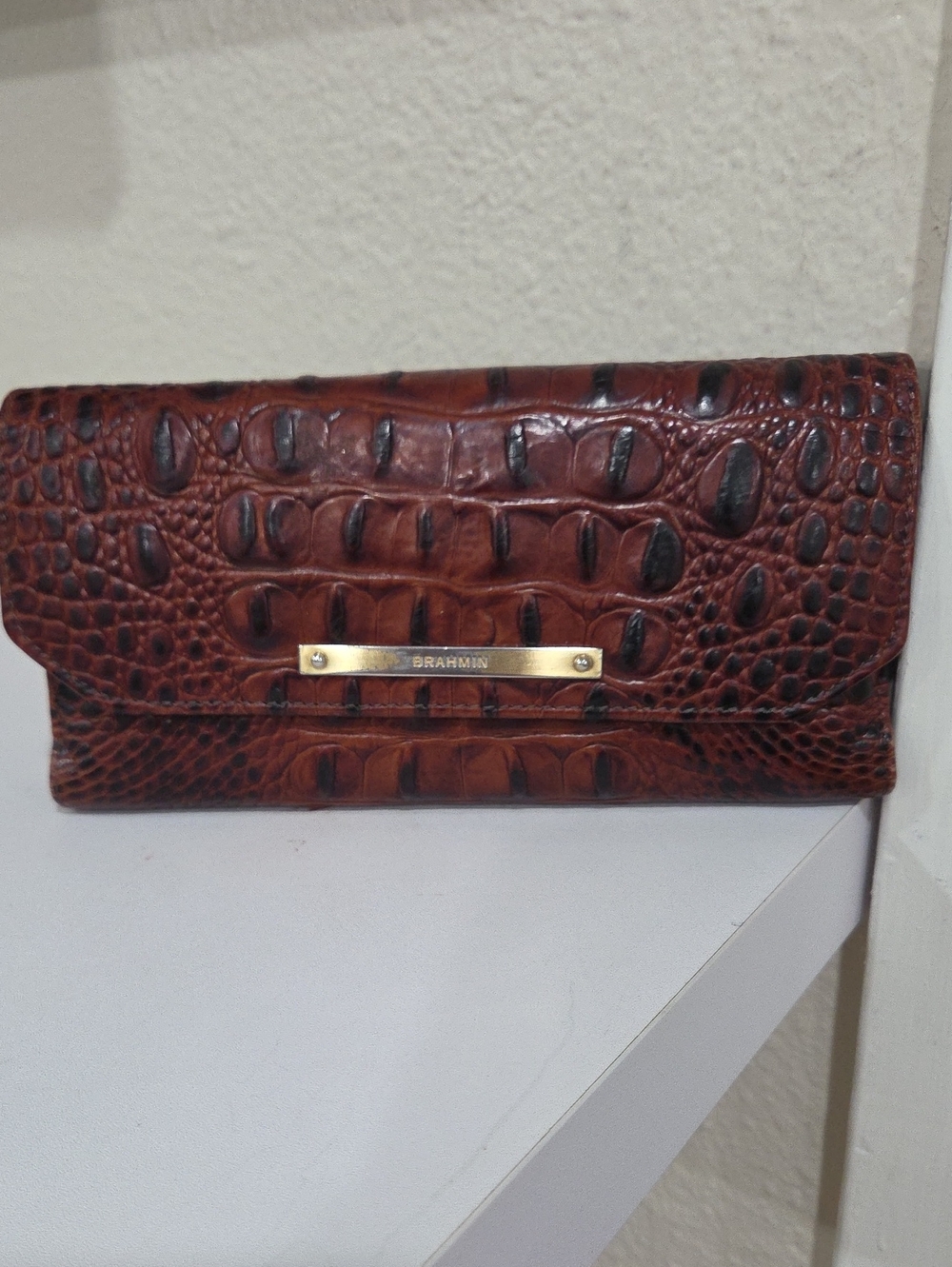 Brahmin Chestnut Croc-Embossed Leather Clutch Wallet with Checkbook Holder